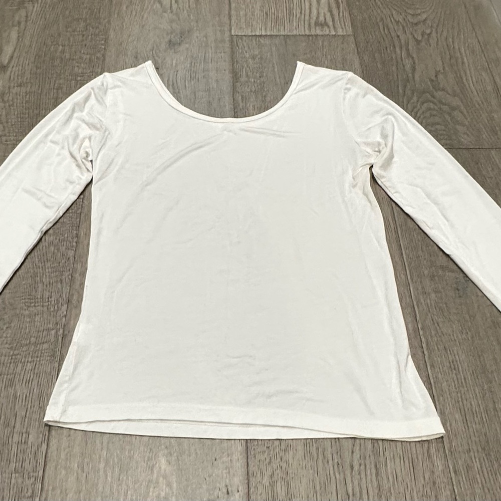 White Modal Scoop Neck Long Sleeve Top Size S Stretch Soft Minimal Basic
